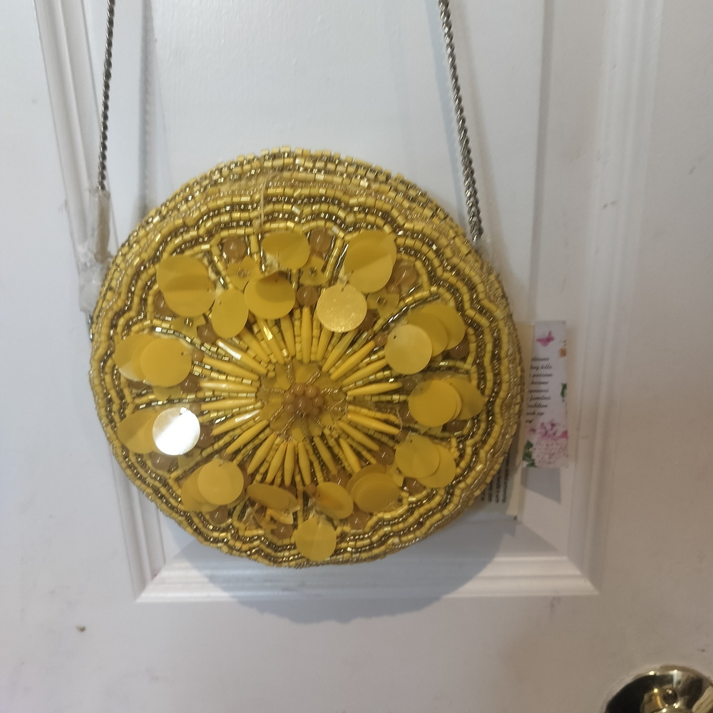 Round Yellow Beaded Handbag